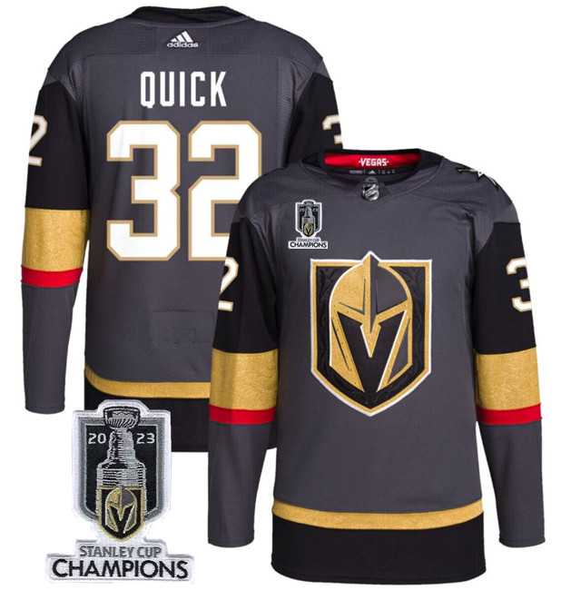 Mens Vegas Golden Knights #32 Jonathan Quick Gray 2023 Stanley Cup Champions Stitched Jersey